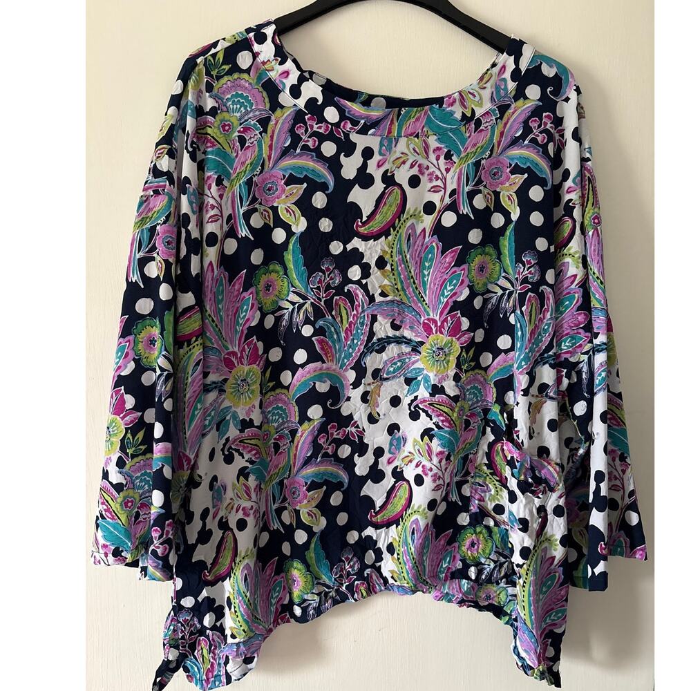 # Oversized Navy Floral Polka Dot Blouse with Colorful Accents